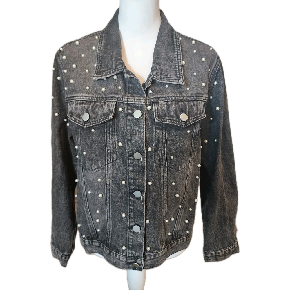 Savanna Jane Denim Jacket Womens Medium Faded Black Faux Pearls Western Romantic